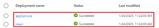 Skærmbillede af Azure Portal-grænsefladen for udrulningerne, hvor de to udrulninger er angivet og fuldførte statusser.