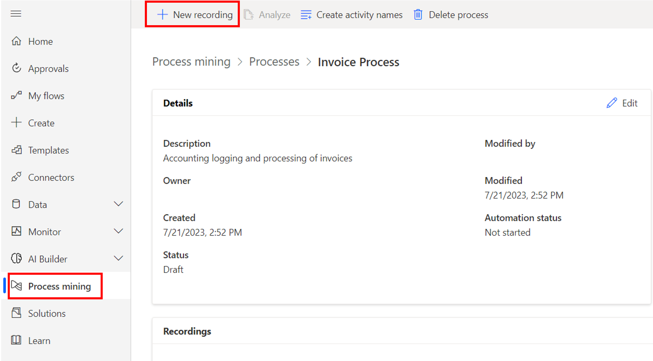 Screenshot of the New recording button in a process.