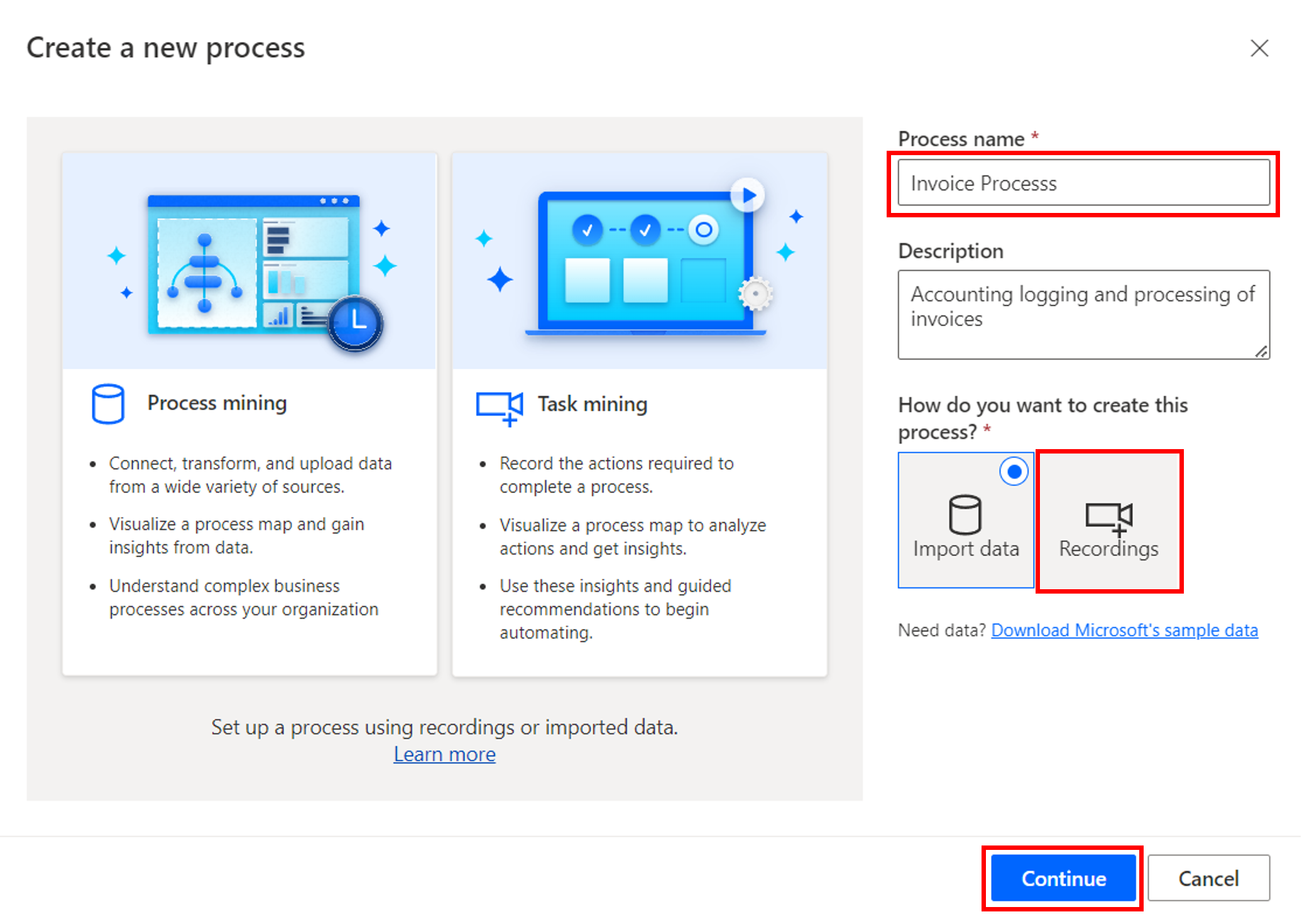 Screenshot of the Process name field and the Create button.