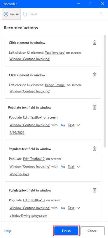 Screenshot of the Recorded actions list with the Finish button.