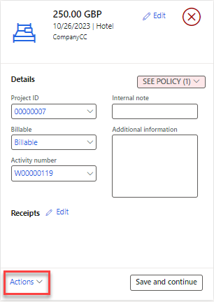 Screenshot of the new expense highlighting Itemize in the Action drop-down menu.