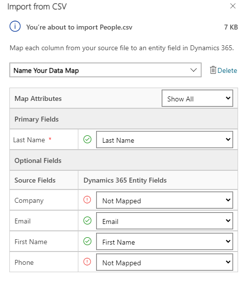 Screenshot of the Import from CSV menu.