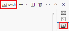 Skærmbillede af terminalvinduet i Visual Studio Code, hvor indstillingen pwsh vises på rullelisten Shell.