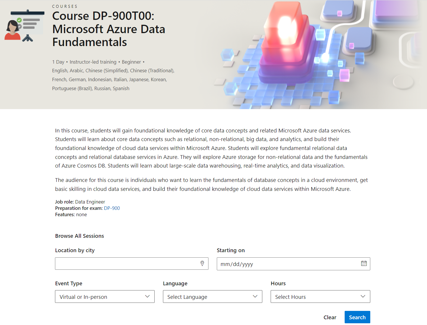 Skærmbillede af siden med detaljer om Microsoft Azure Data Fundamentals (Course DP-900T00), hvor ILT Scheduler vises.