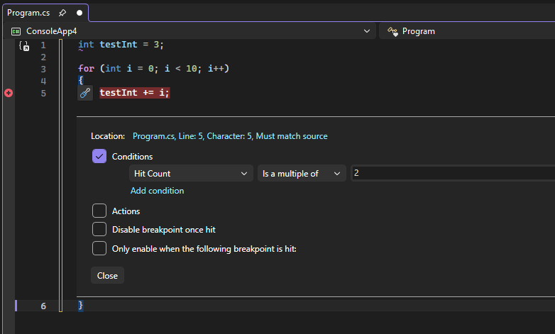 Screenshot that shows a breakpoint with a Hit Count condition.