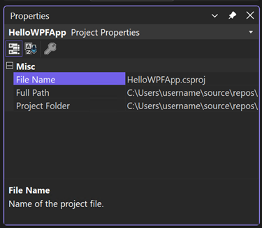 Screenshot of the Properties window showing the Misc section of the Solution Properties for the HelloWPFApp project.