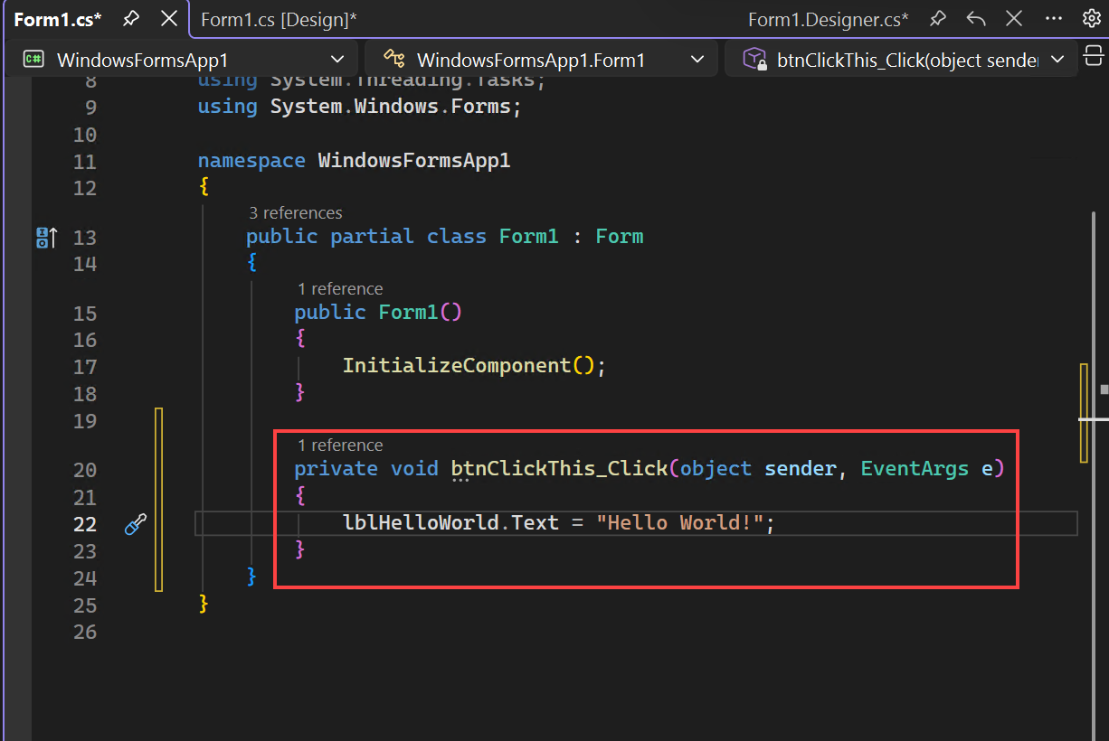 Screenshot that shows where to add code to the form.