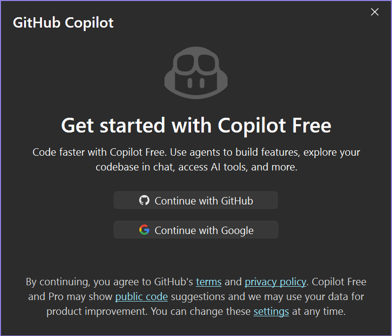 Screenshot of the Get Started with Copilot Free dialog in Visual Studio.