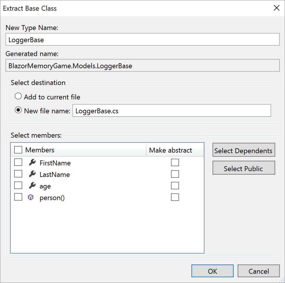 Screenshot of Extract base class dialog.