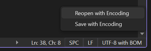 Screenshot of context menu showing save and reopen options when clicking the encoding margin in the editor