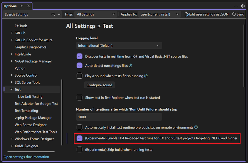 Screenshot that shows how to select the Enable Hot Reloaded test runs option in Visual Studio.
