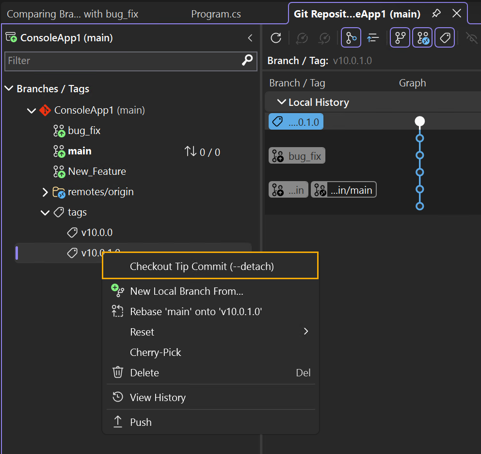 Screenshot that shows the Checkout Tip Commit option.