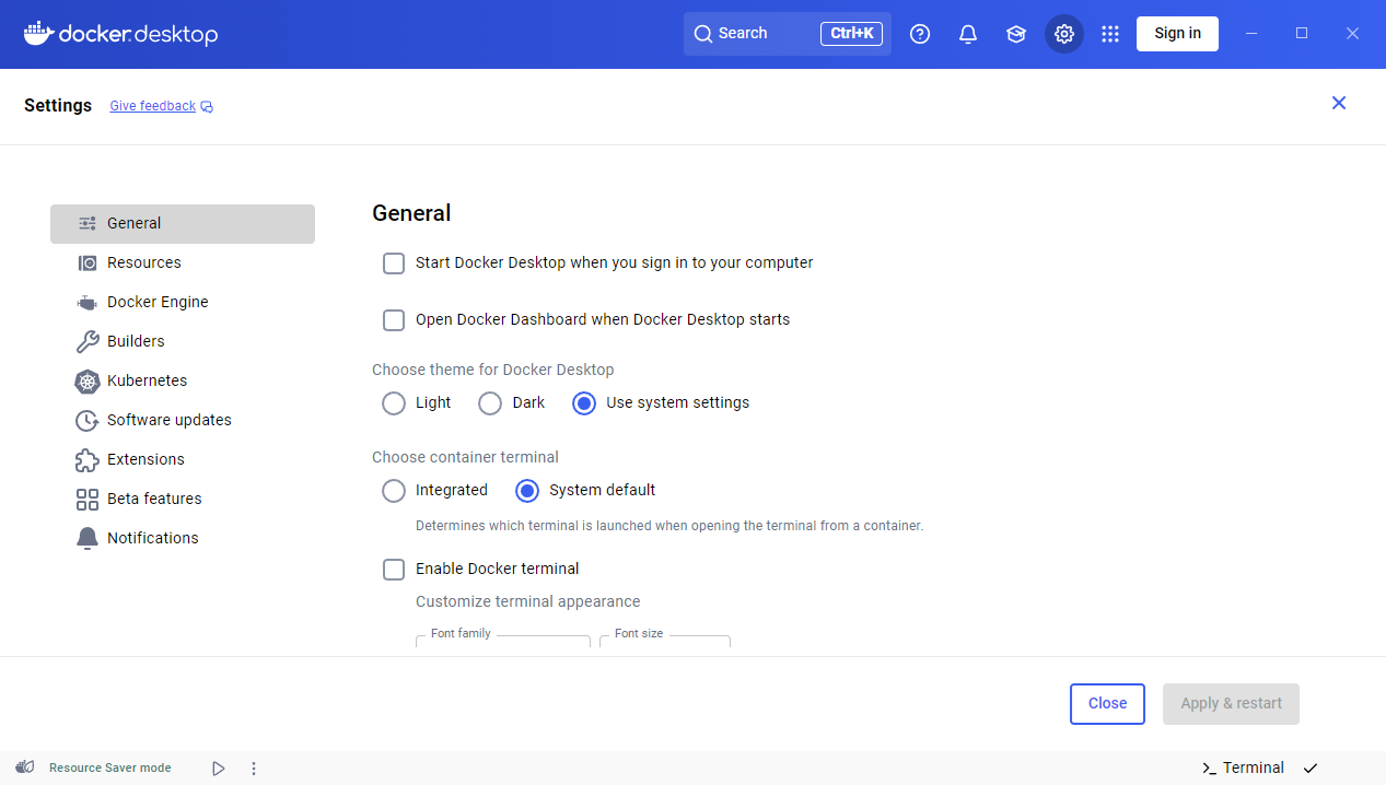 Docker Desktop general settings