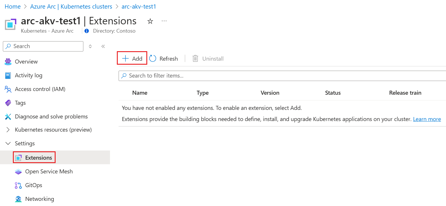 Screenshot: Bereich „Erweiterungen“ für einen Kubernetes-Cluster mit Arc-Unterstützung im Azure-Portal