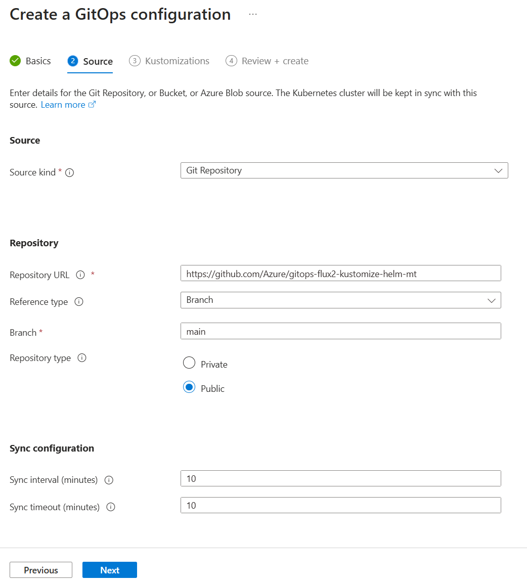 Screenshot der Quelloptionen für eine GitOps-Konfiguration im Azure-Portal.