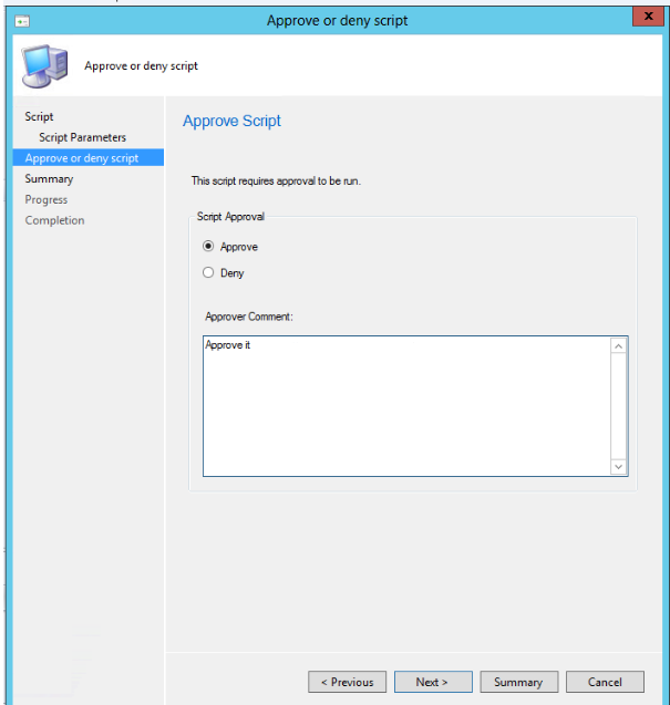 Screenshot des Bildschirms „Genehmigen oder Ablehnen-Skript“ in Configuration Manager.