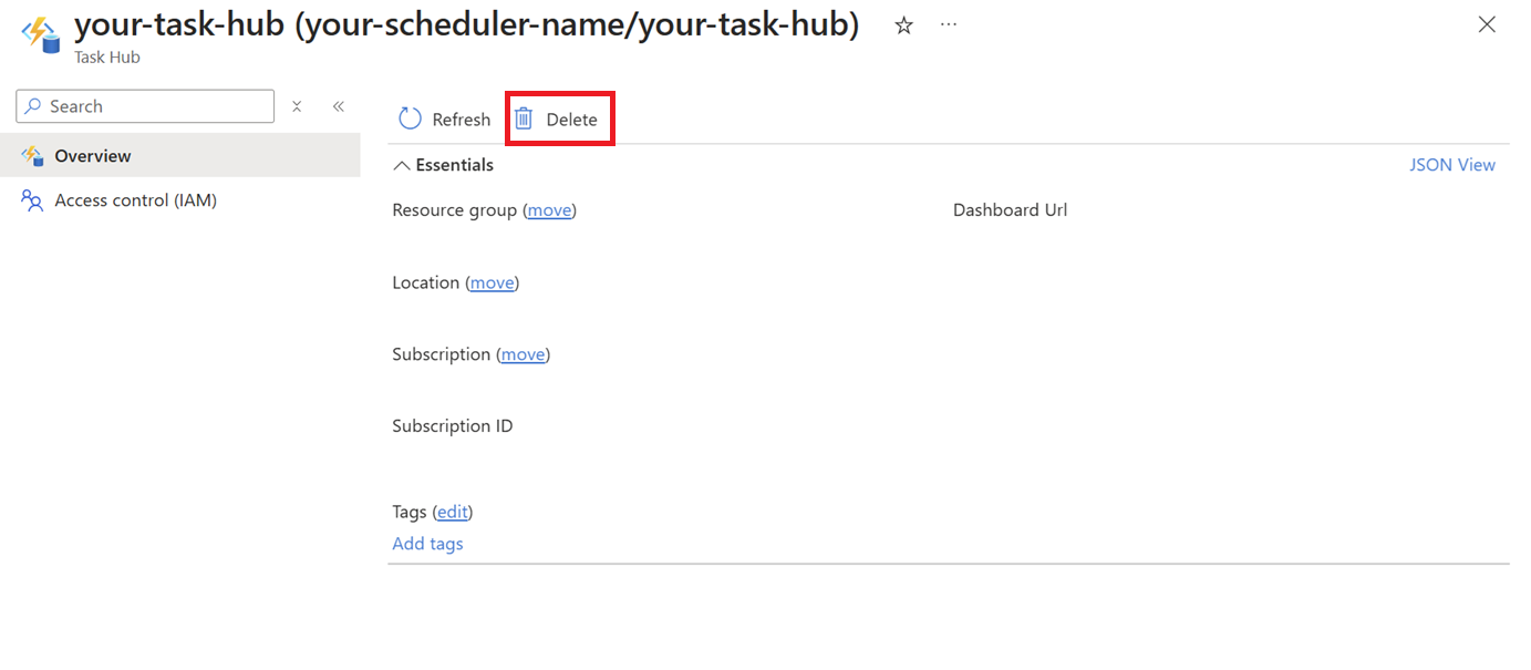Screenshot der Task Hub-Ressource im Portal mit hervorgehobener Schaltfläche 