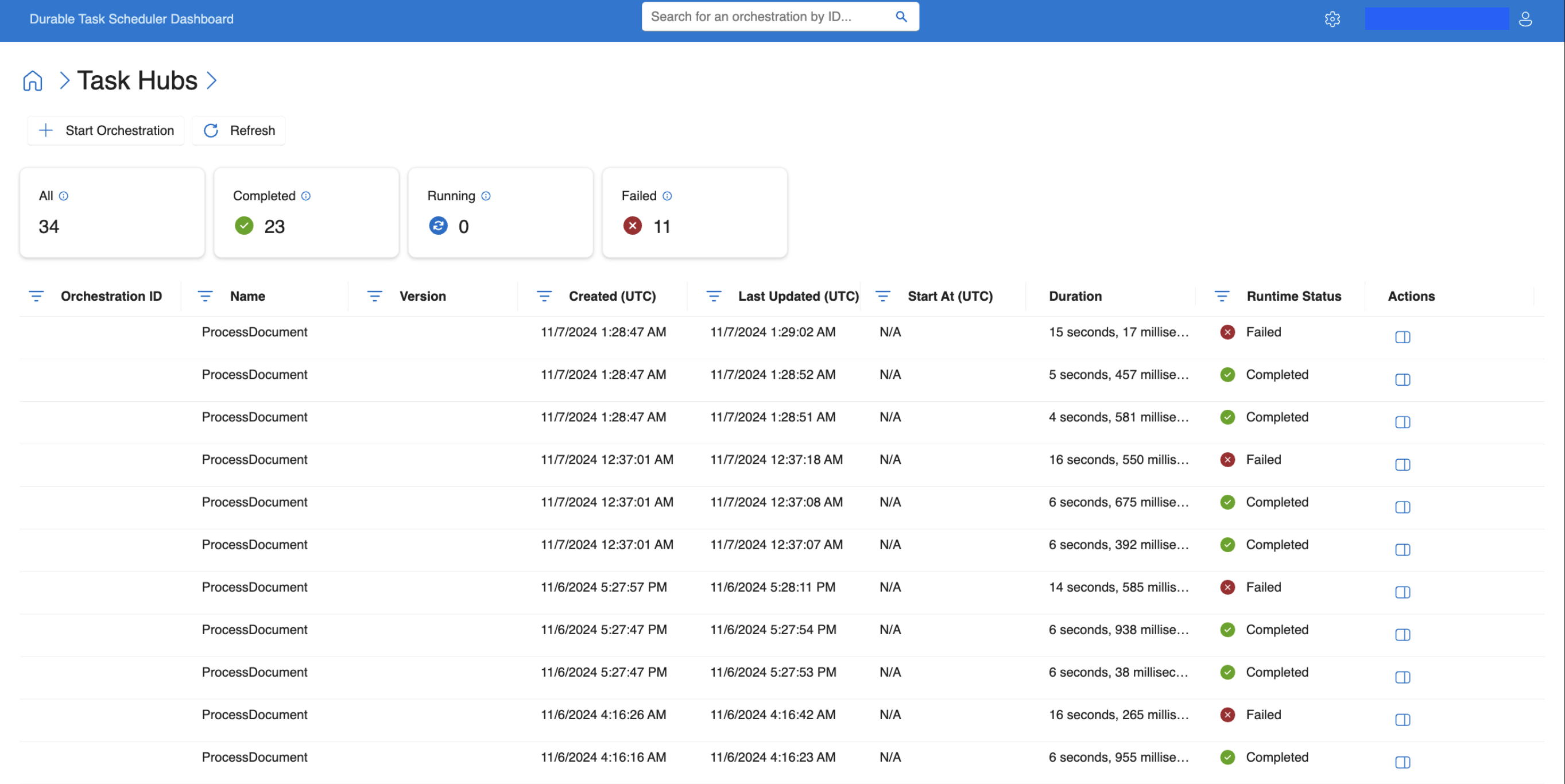 Screenshot des Dashboards mit einer Auflistung des Orchestrierungsverlaufs und -status.