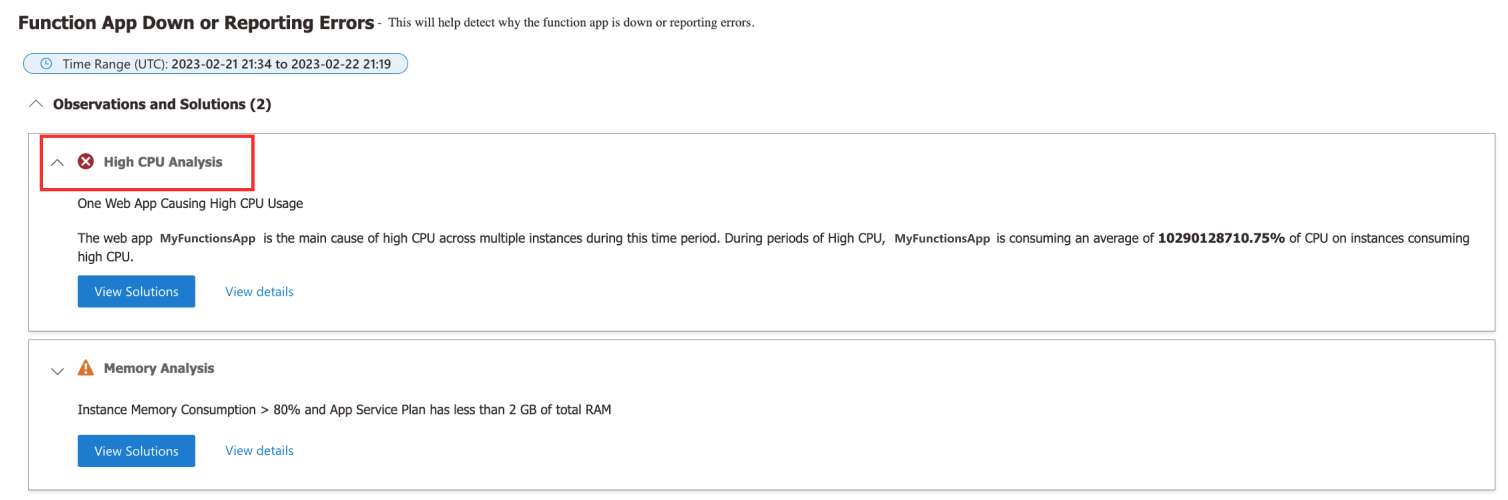 Screenshot des High-CPU-Analysedetektors von Durable Functions.