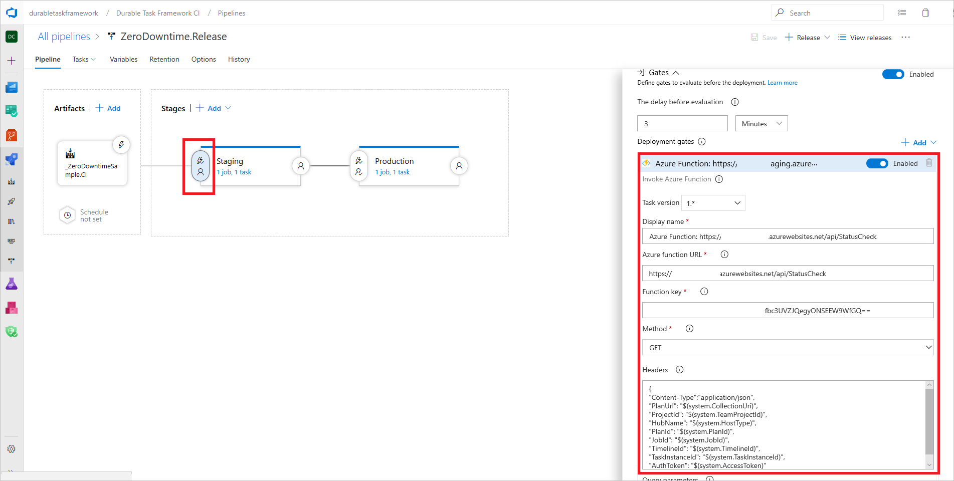 Screenshot mit einer Azure Pipelines Deployment Gate-Konfiguration.