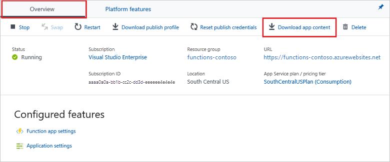 Screenshot der Azure-Portalseite zum Herunterladen des Funktions-App-Projekts.