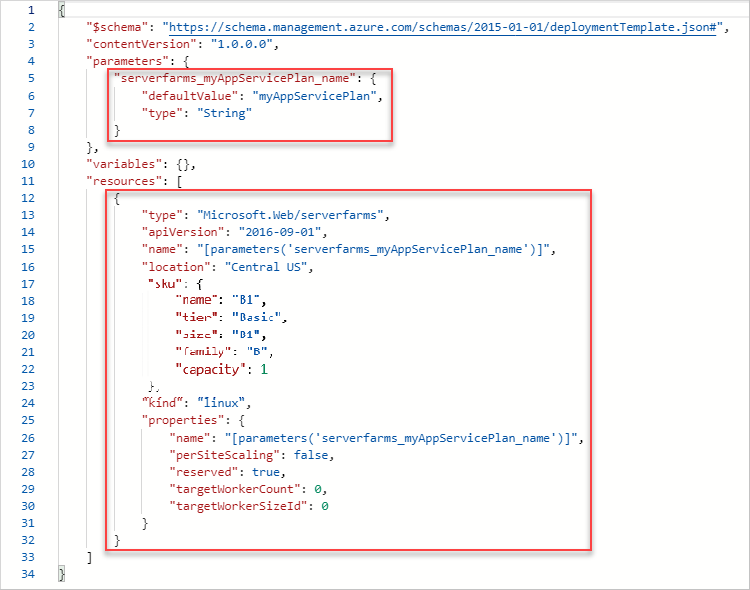 Screenshot des exportierten JSON-Codes der Vorlage im Azure-Portal.