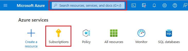 Screenshot des Azure-Portals mit hervorgehobenem Suchfeld und hervorgehobenen Abonnements.