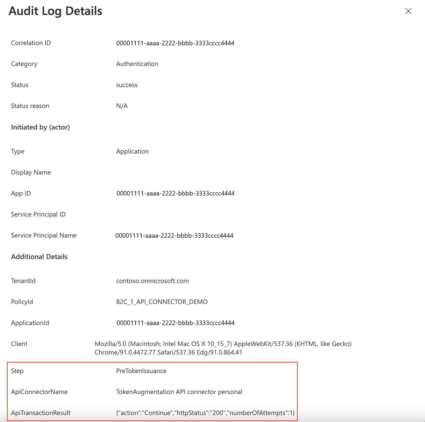 Beispiel für eine API-Connectortransaktion während der Benutzerauthentifizierung