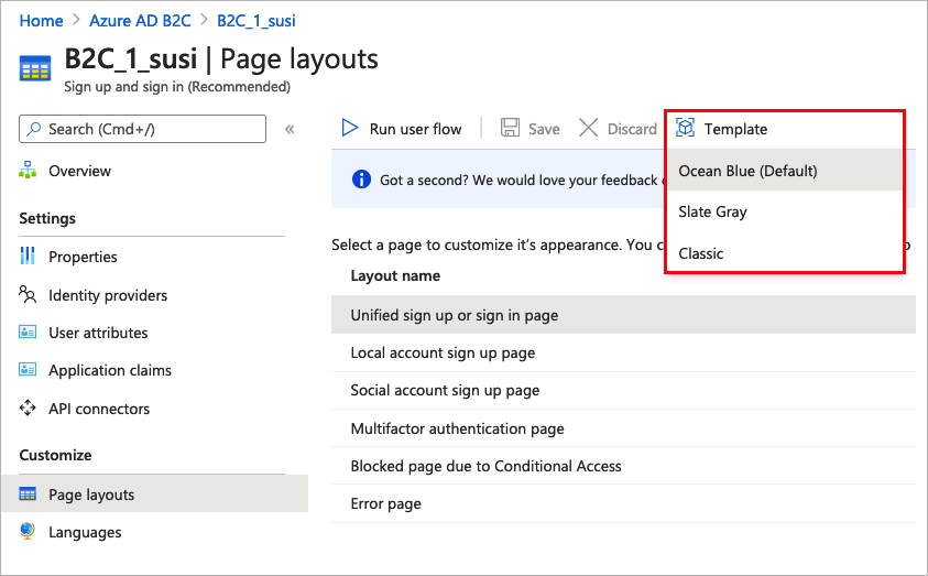 Dropdownmenü zur Vorlagenauswahl auf der Seite des Benutzerflows im Azure-Portal