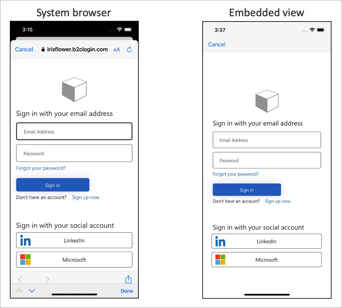 Screenshot, der den Unterschied zwischen der Systemwebansicht und der eingebetteten Webansicht zeigt.