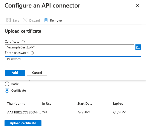 Bereitstellen eines neuen Zertifikats für einen API-Connector, wenn bereits ein Zertifikat vorhanden ist.