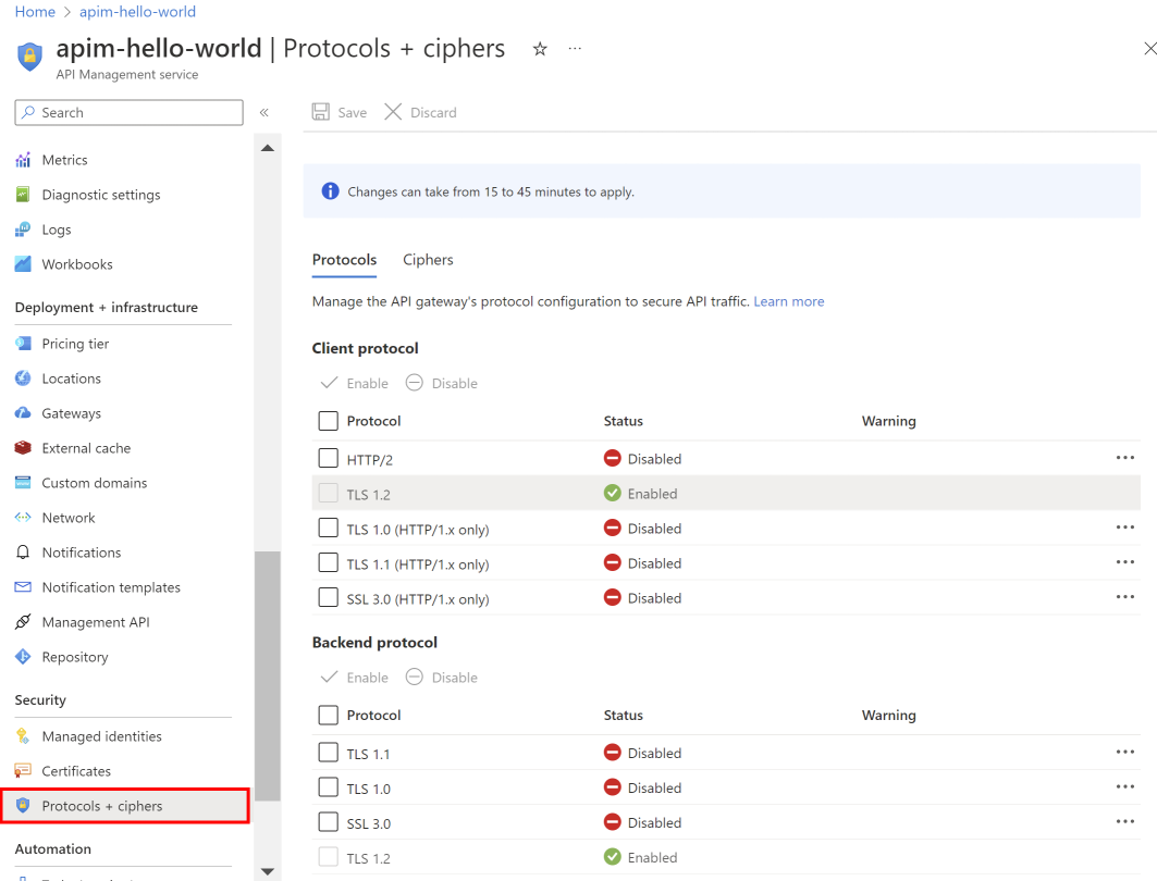 Screenshot zum Verwalten von Protokollen und Verschlüsselungen im Azure portal.