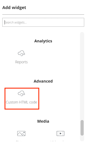 Screenshot: Hinzufügen eines Widgets für benutzerdefinierten HTML-Code im Entwicklerportal.