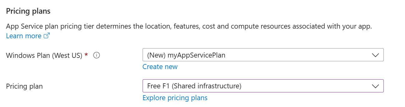 Ein Screenshot des Abschnitts App Service-Plan.