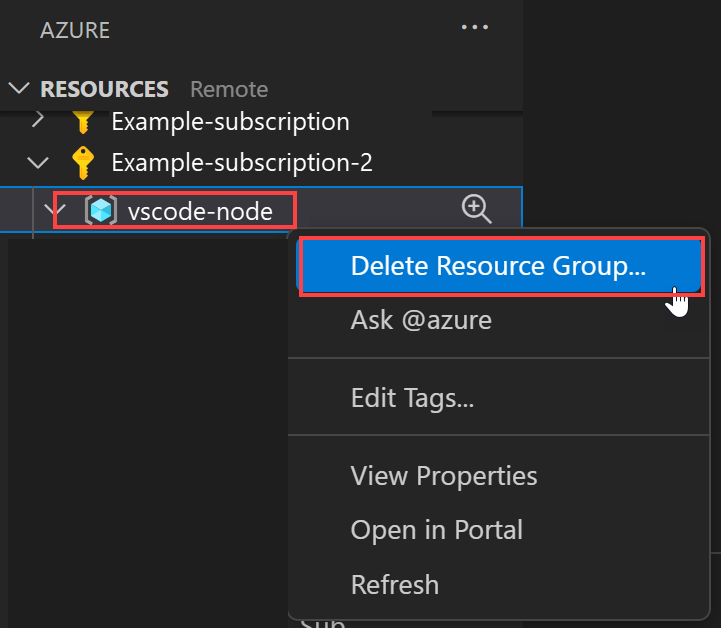 Screenshot der Visual Studio Code-Navigation zum Löschen einer Ressource, die App Service-Ressourcen enthält.
