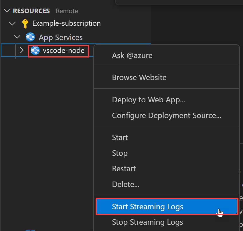 Screenshot der Option zum Starten von Streaming-Protokollen.