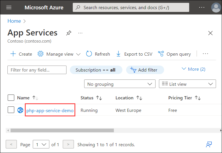 Screenshot der App Services-Liste in Azure. Der Name des Demo-App-Diensts wird hervorgehoben.