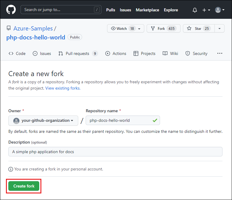 Screenshot der Seite zum Erstellen eines neuen Forks in GitHub für Azure Samples.