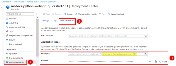 Screenshot: Position der Anmeldeinformationen für die Bereitstellung im Azure-Portal.