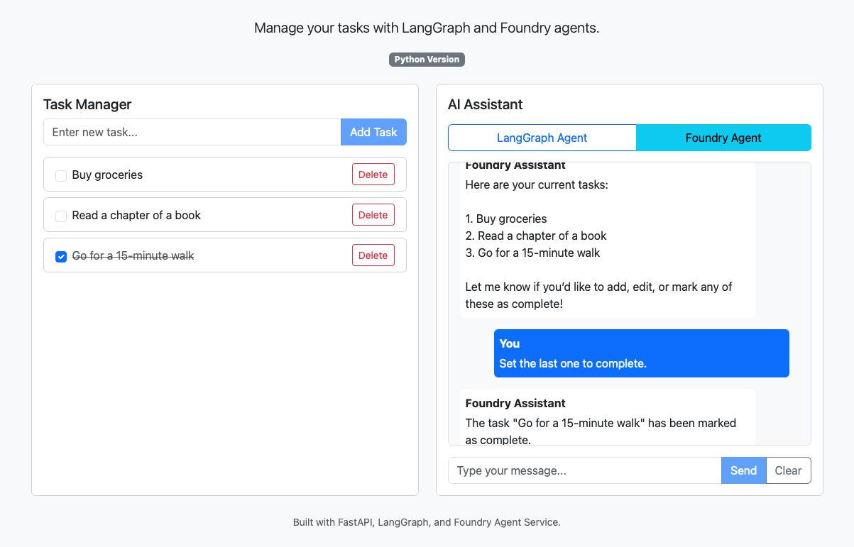 Screenshot einer Chatabschlusssitzung mit einem Microsoft Foundry-Agent.