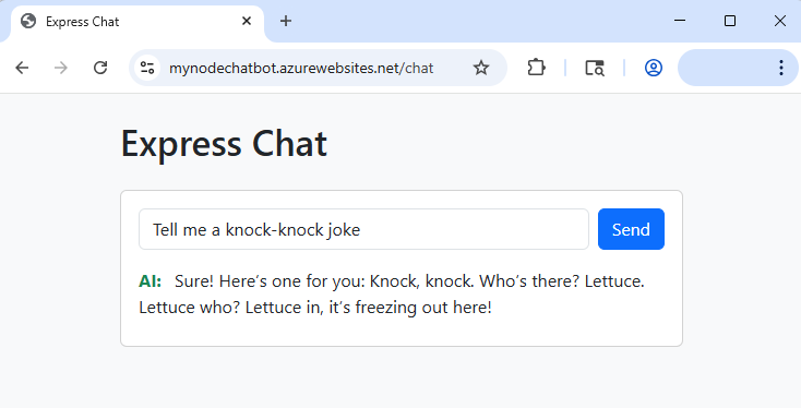 Screenshot des Chatbots, der in Azure App Service ausgeführt wird.