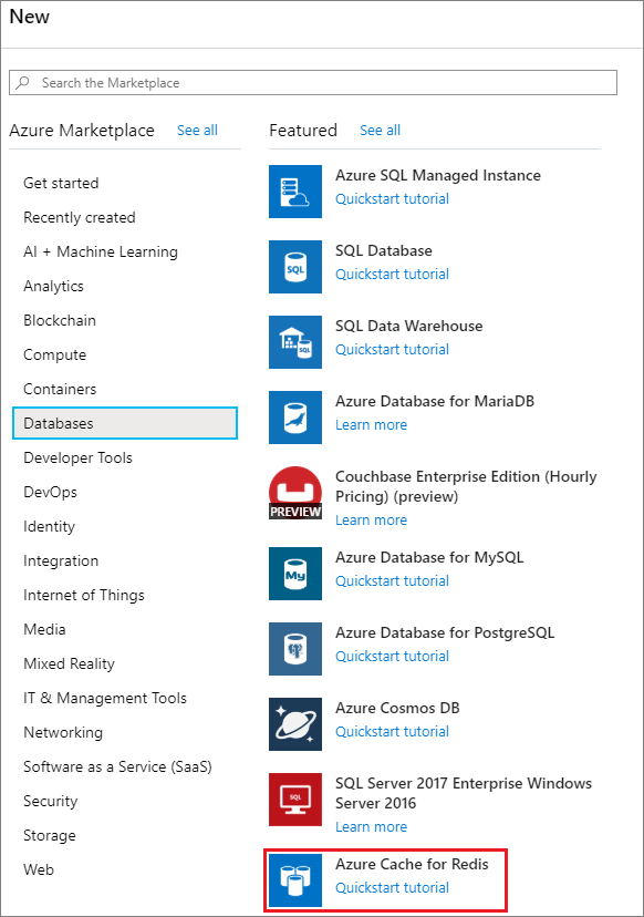 Auswählen von „Azure Cache for Redis“.