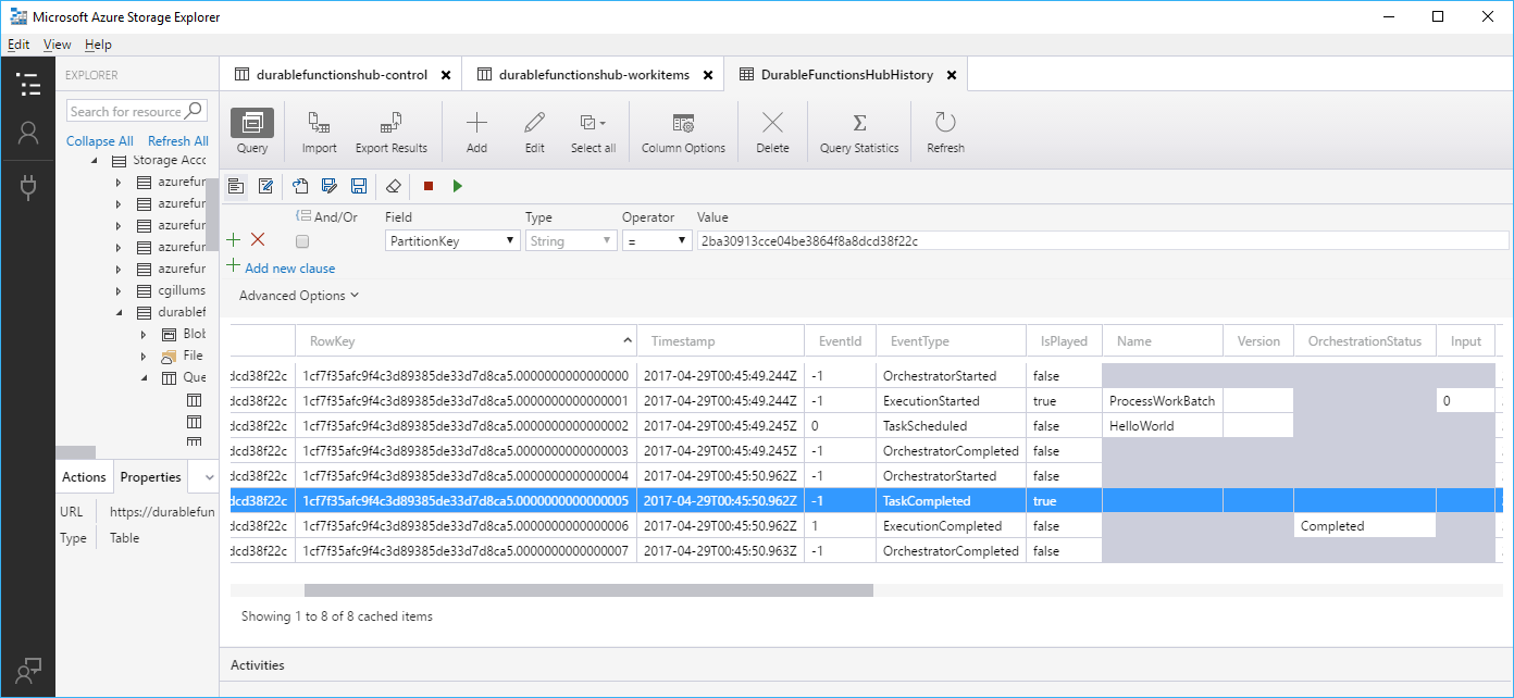 Screenshot von Azure Storage Explorer mit Durable-Functions-Orchestrierungsstatus in Tabellen und Warteschlangen.