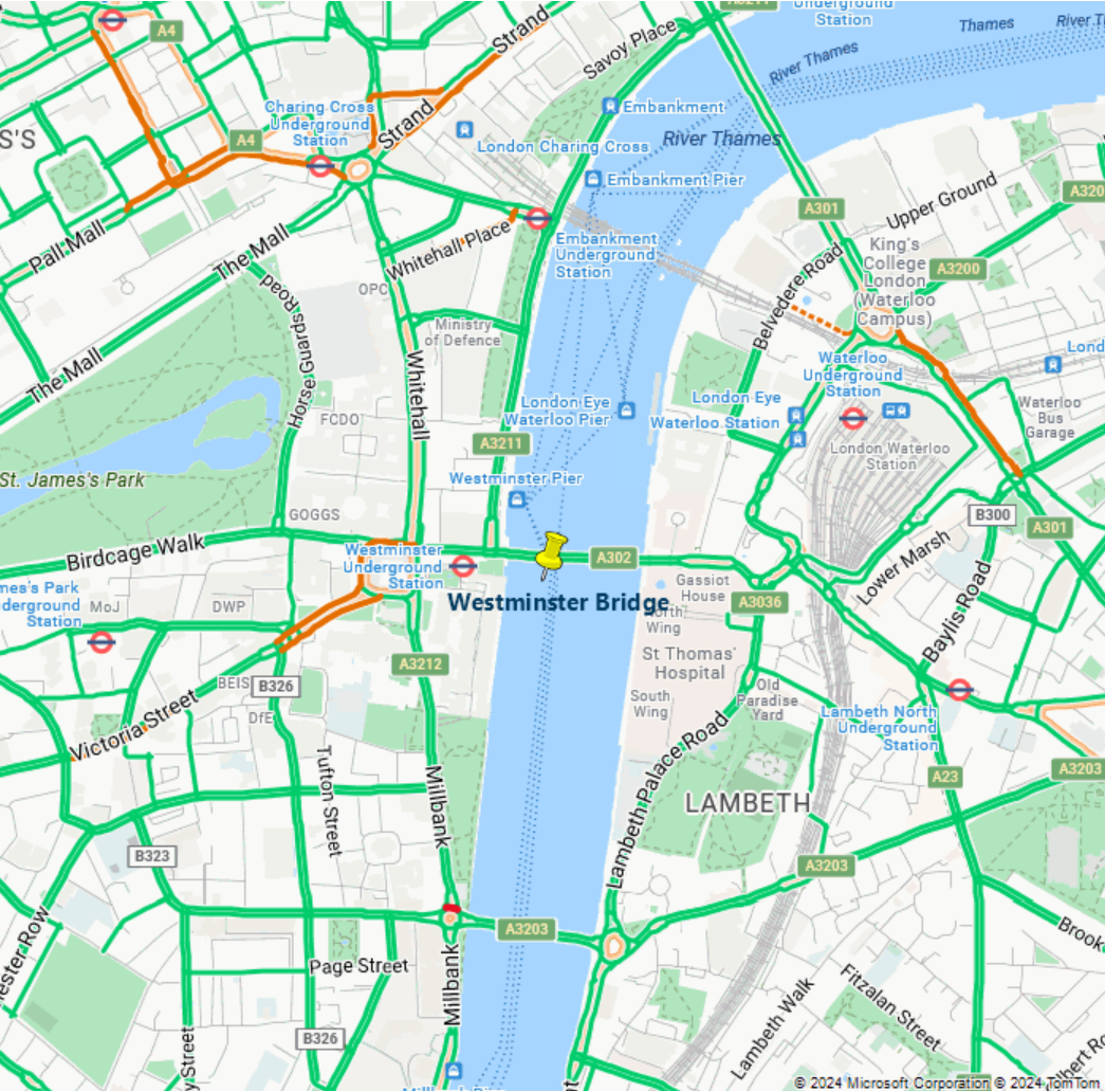 Screenshot: Karte mit der Verkehrsebene sowie einer benutzerdefinierten Ortsmarke mit der Beschriftung „Westminster Bridge“