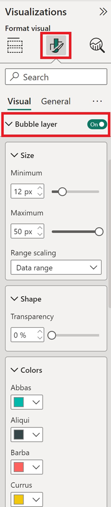 Screenshot: Kreisdiagrammeinstellungen, die im Abschnitt „Marker“ angezeigt werden, wenn die Registerkarte „Format“ im Visualisierungsbereich in Power BI ausgewählt ist.