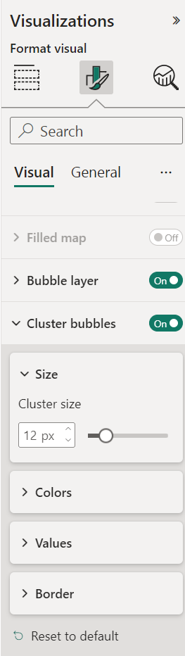 Screenshot der visuellen Formatoptionen für die Clusterblasenebene.
