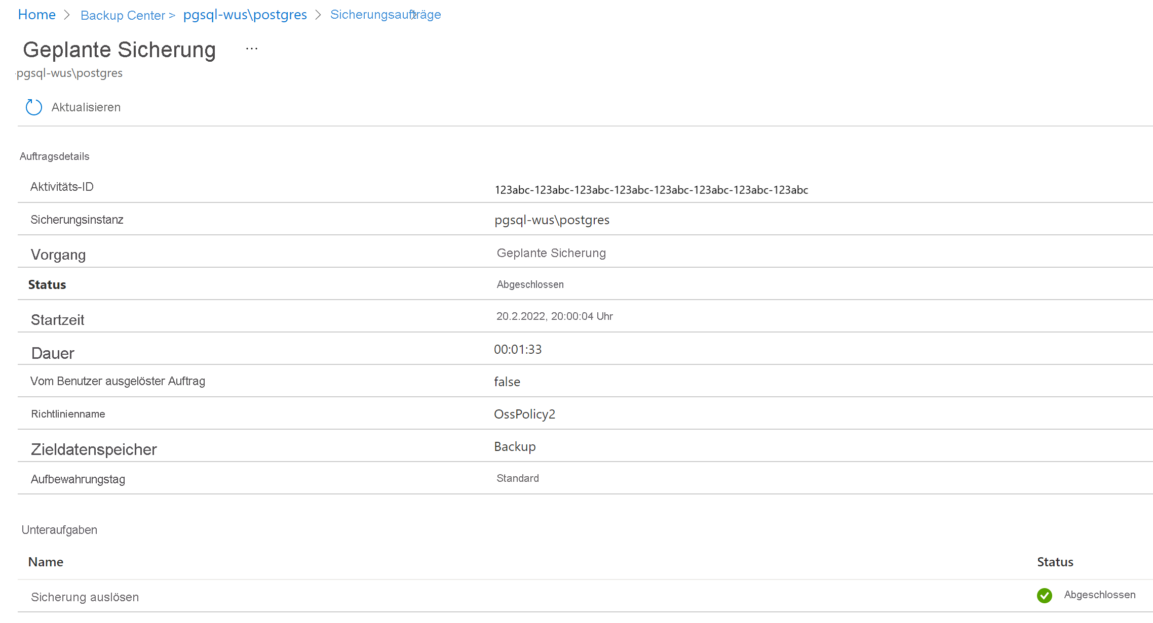 Screenshot, der Details für einen ausgewählten Auftrag zeigt.