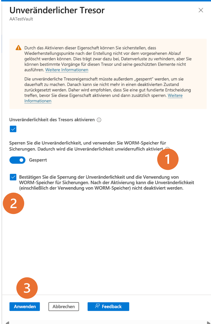 Screenshot, der zeigt, wie die Einstellungen für den unveränderlichen Tresor aktiviert werden.