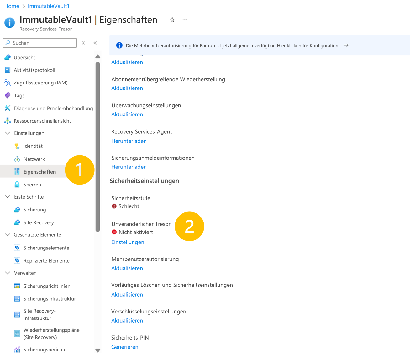 Screenshot: Öffnen der Einstellungen für den unveränderlichen Tresor.