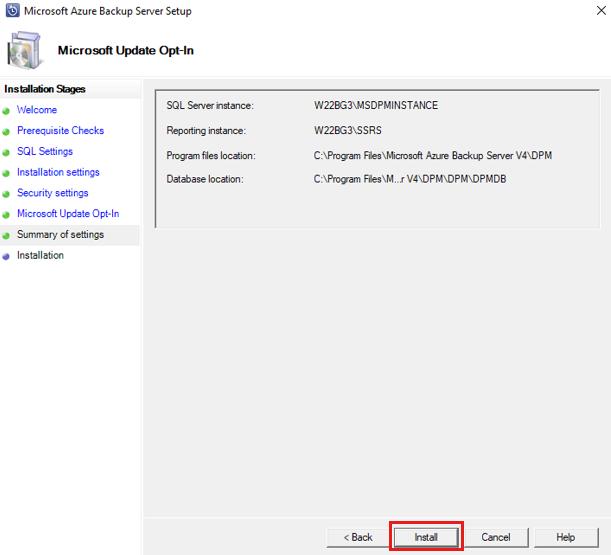 Screenshot der Zusammenfassung der Einstellungen.